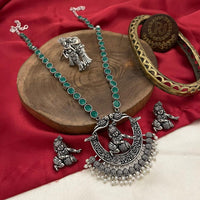 FS Collection Oxidised Plated Pota Stone And Pearls Temple Necklace Set