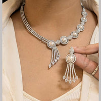 FS Collection Silver Plated American Diamond And Pearls Necklace Set
