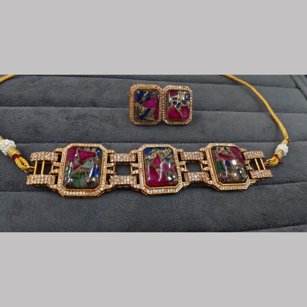 Fs Collection Gold Plated Druzy Crystal Stone Choker Necklace Set