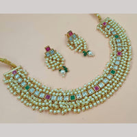 FS Collection Gold Plated Pota Stone And Pearl Embellished Necklace Set