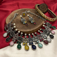 FS Collection Oxidised Plated Pota Stone Necklace Set