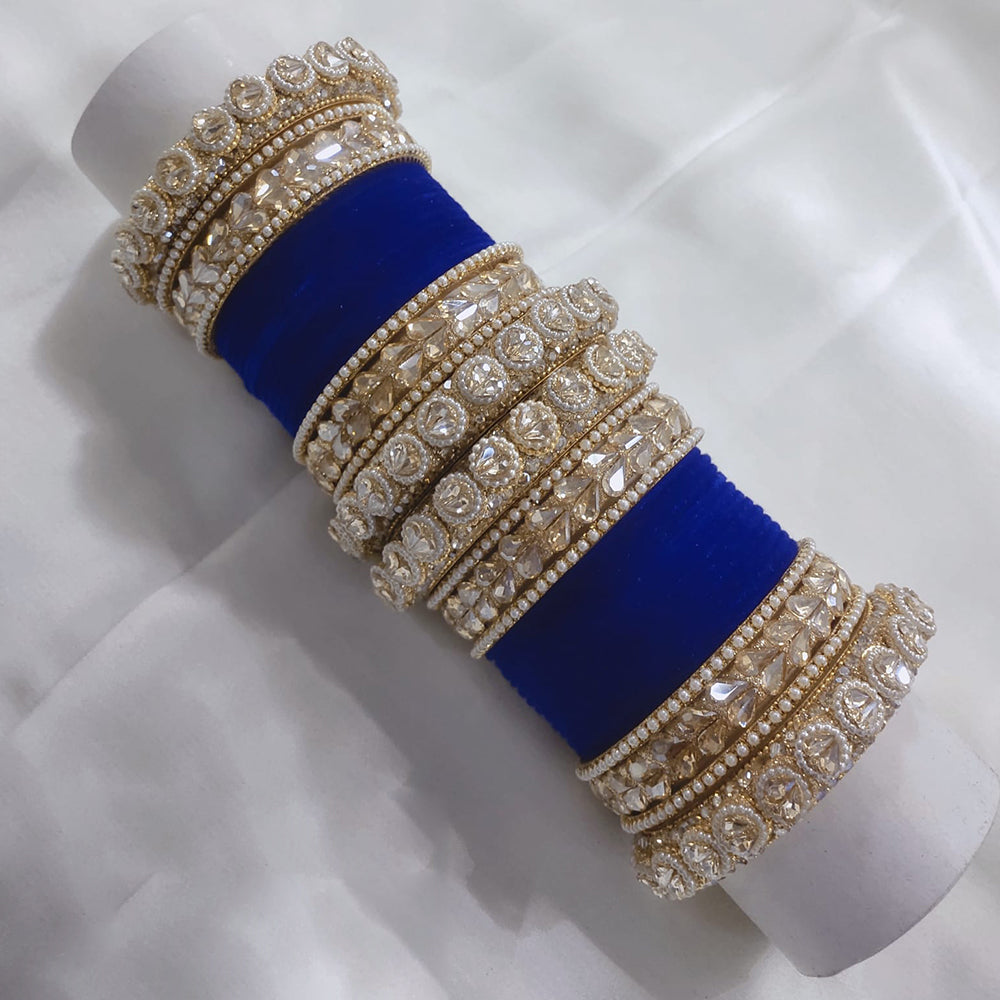 FS Collection Gold Plated Crystal Stone And Pearl Velvet Bangles Set