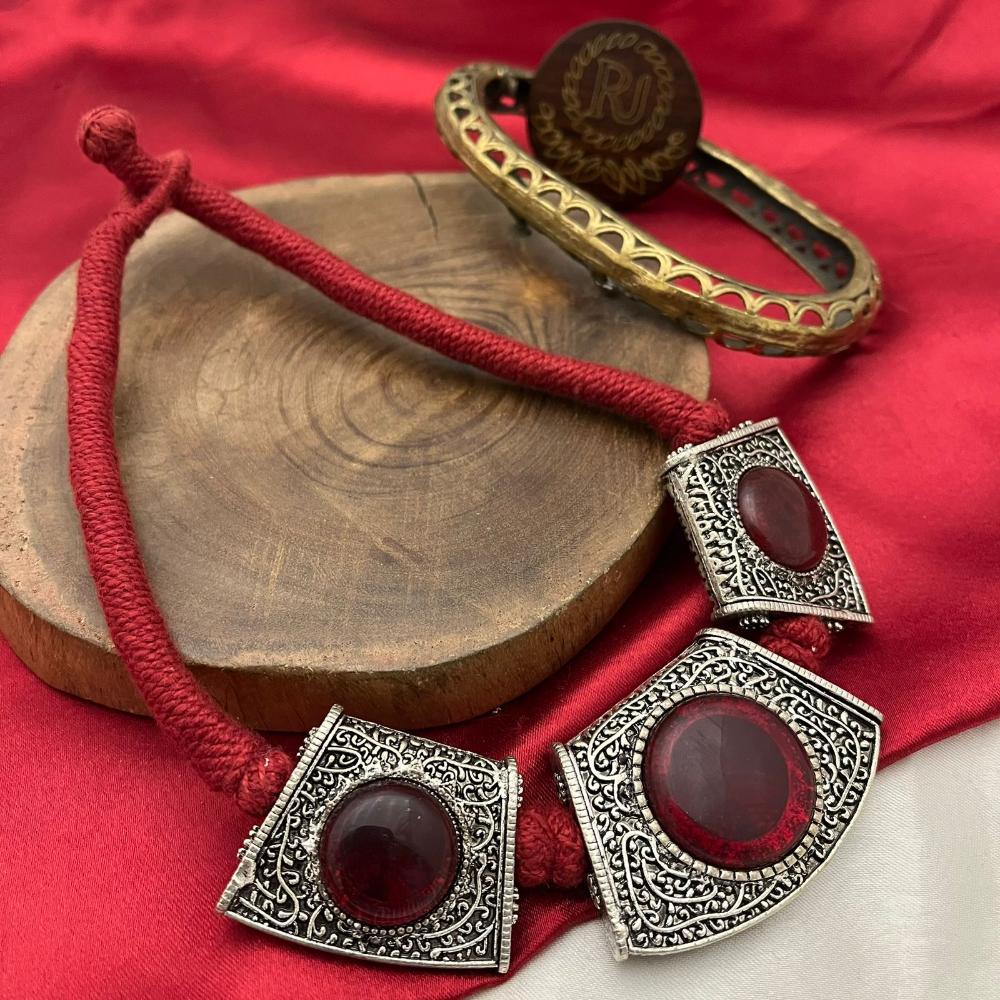 FS Collection Oxidised Plated Pota Stone Necklace Set