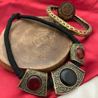 FS Collection Oxidised Plated Pota Stone Necklace Set
