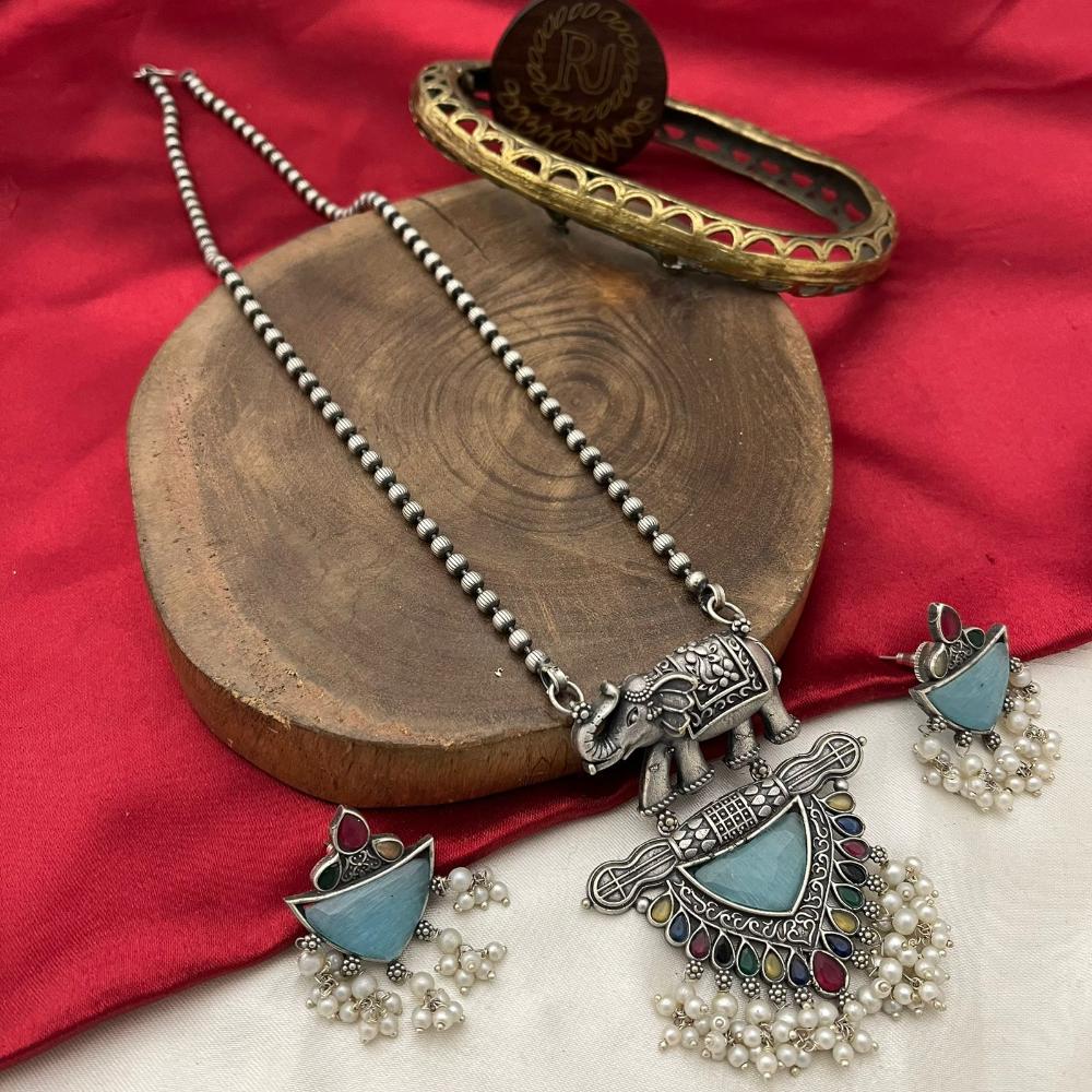 FS Collection Oxidised Finish Pota Stone And Pearls Long Necklace Set 