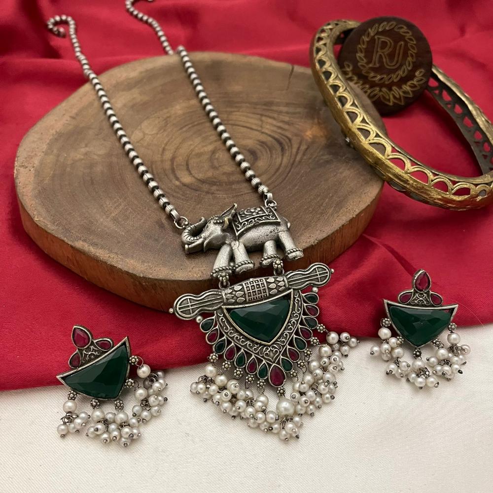 FS Collection Oxidised Finish Pota Stone And Pearls Long Necklace Set 