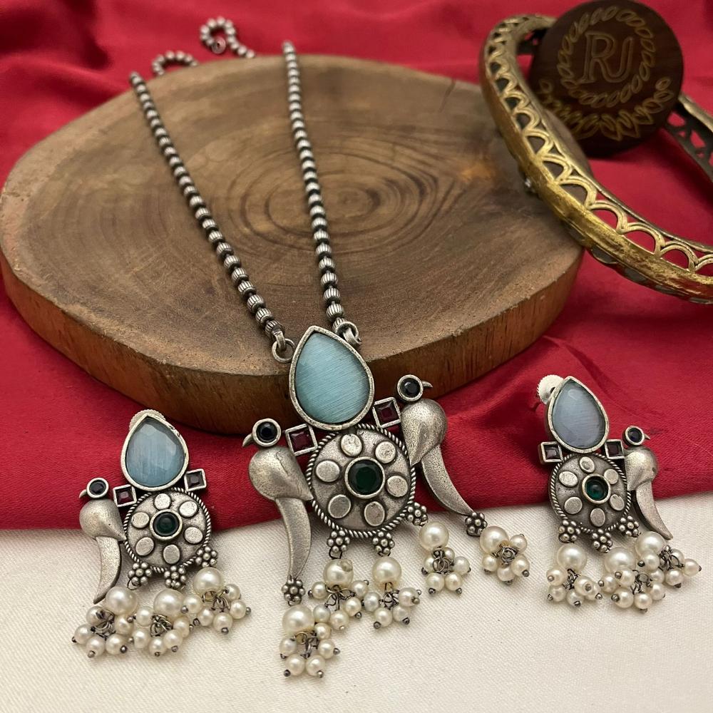 FS Collection Oxidised Finish Pota Stone And Pearls Long Necklace Set 