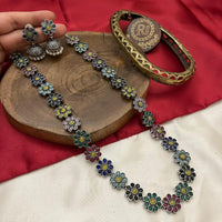 FS Collection Oxidised Plated Pota Stone Long Necklace Set