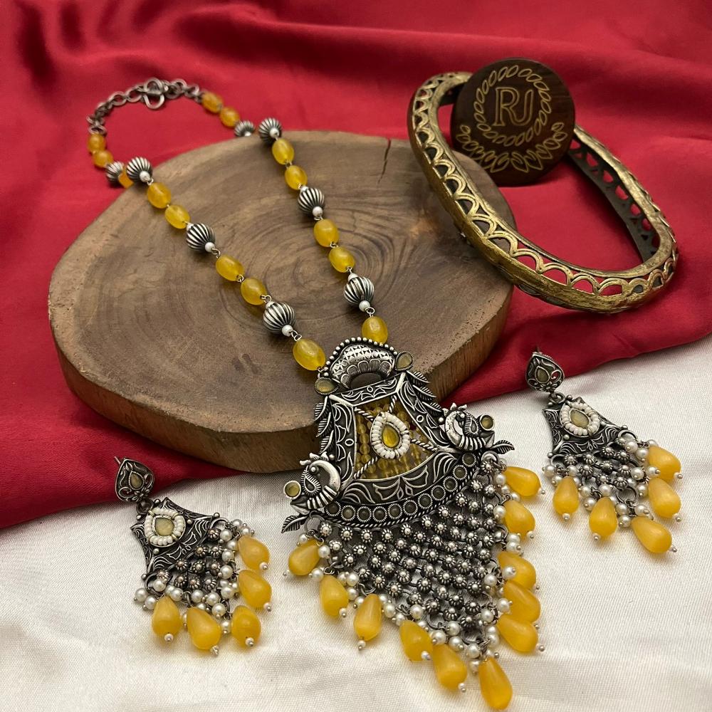 FS Collection Oxidised Finish Pota Stone And Pearls Long Necklace Set 