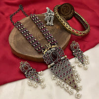 FS Collection 2 Tone Plated Pota Stone And Pearl Long Necklace Set