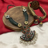 FS Collection 2 Tone Plated Pota Stone And Pearl Long Necklace Set
