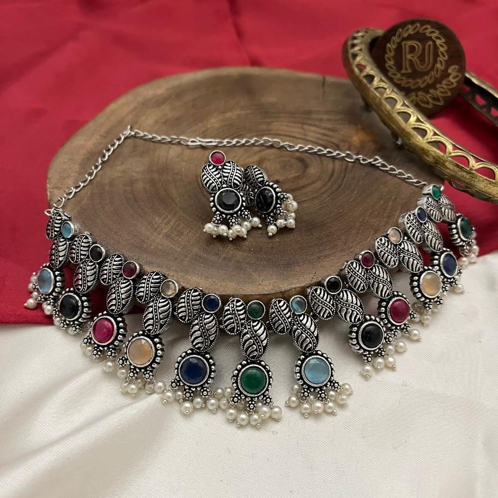 FS Collection Oxidised Plated Colorful Pota Stone Necklace Set 