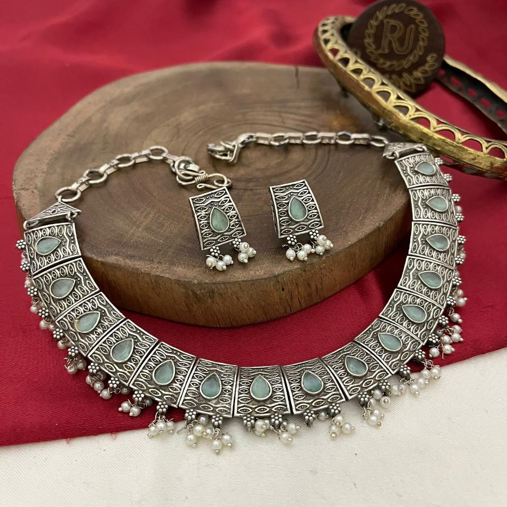 FS Collection Antique Oxidised Plated Pota Stone And Pearl Necklace Set 