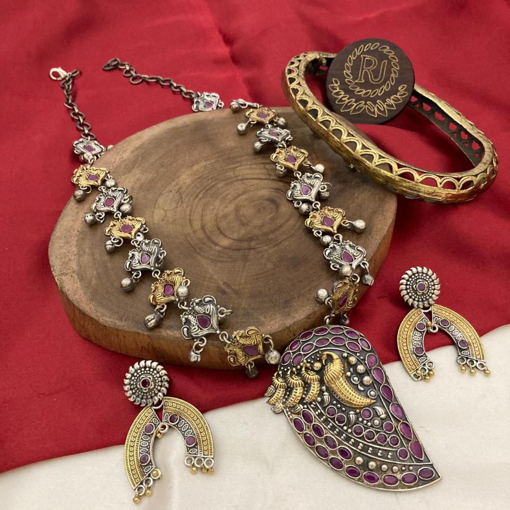 FS Collection Chic & Classic 2Tone Plated Pota Stone Long Necklace Set Elevate Your Ethnic Look 