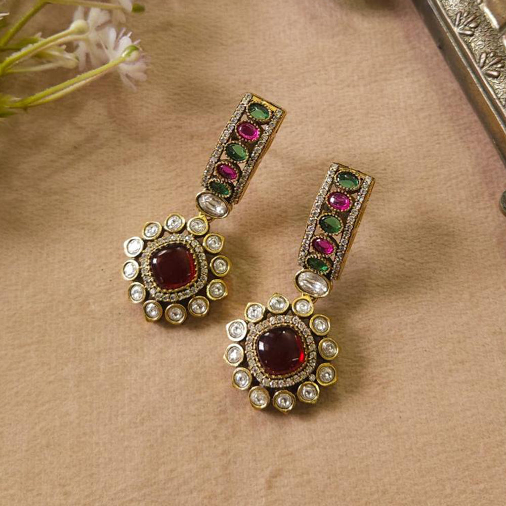 FS Collection Gold Plated Dangler Earrings With Pota Stone Elegant Sparkle For Every Occsions 