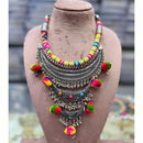 FS Collection Designer Oxidised Plated Mirror And Pom Pom Necklace Set