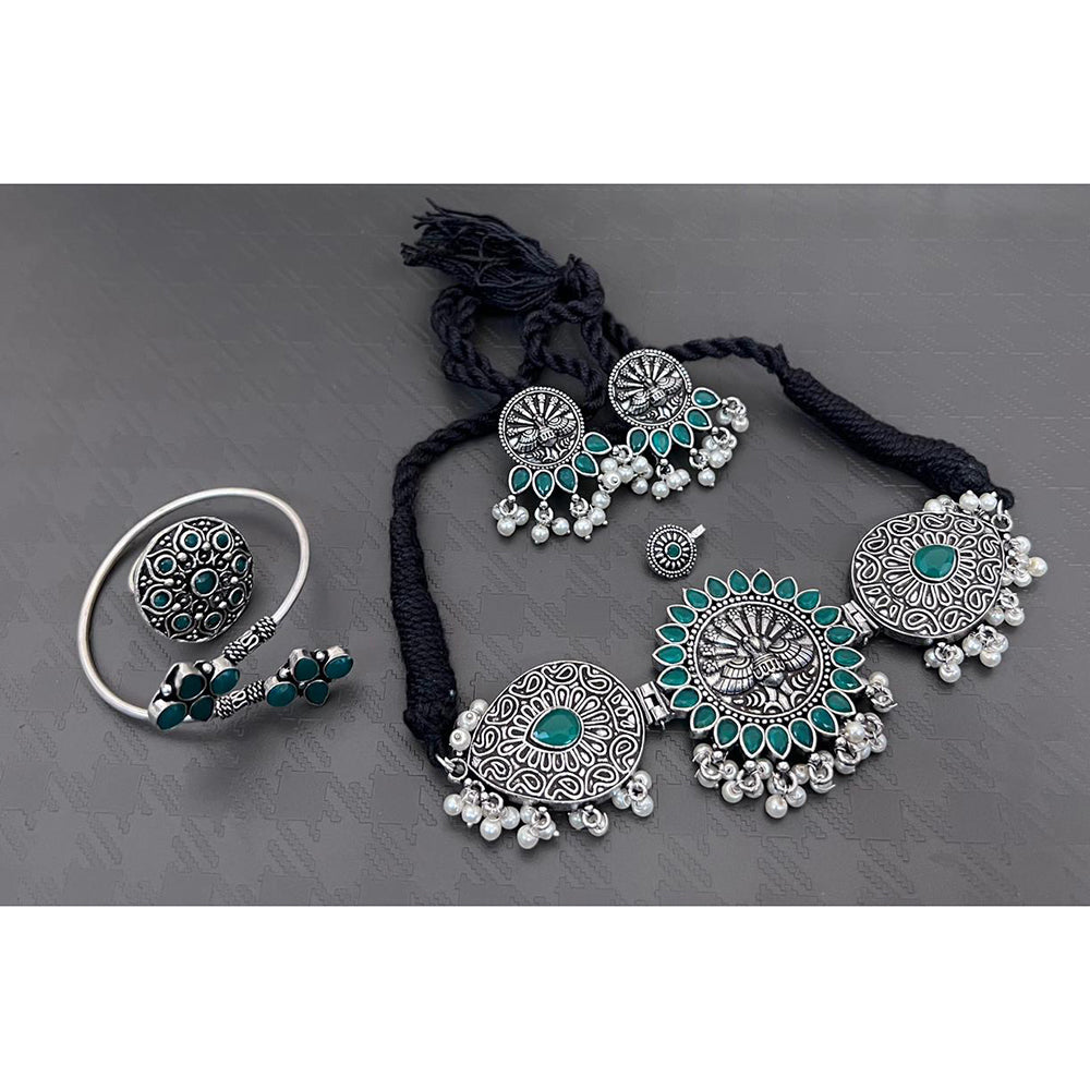 FS Collection Oxidised Plated Gleam Drop Pota And Pearl Necklace Set