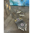 FS Collection Oxidised Plated Gleam Drop Pota And Pearl Long Necklace Set