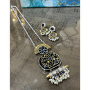 FS Collection Oxidised Plated Gleam Drop Pota And Pearl Long Necklace Set