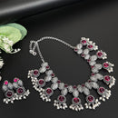 FS Collection Royal Oxidised Plated Pota Stone And Pearl Necklace Set