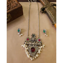 FS Collection Stylish Oxidised Plated Pota Stone And Pearl Long Necklace Set 