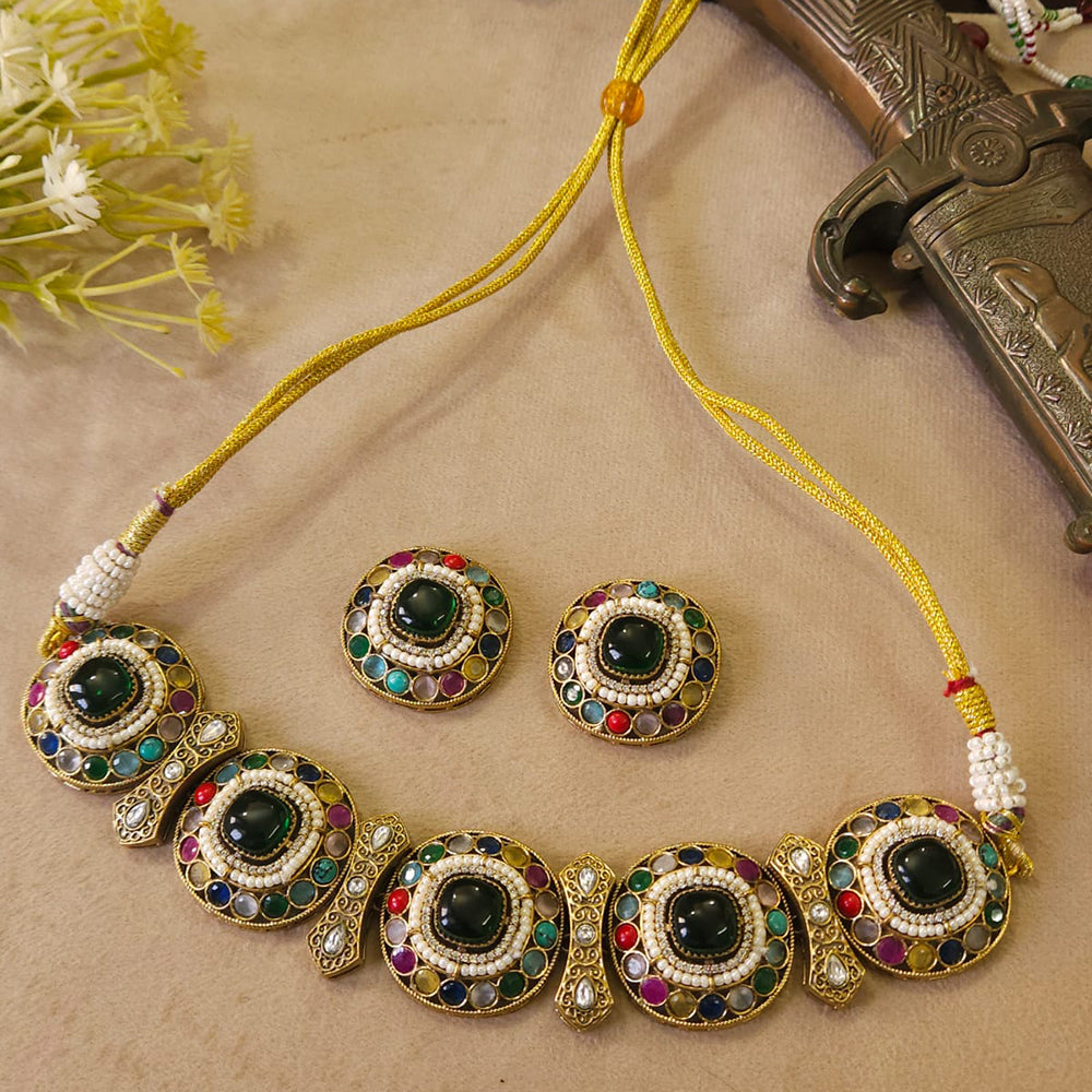 FS Collection Trendy Pota Stone And Pearl Choker Necklace Set