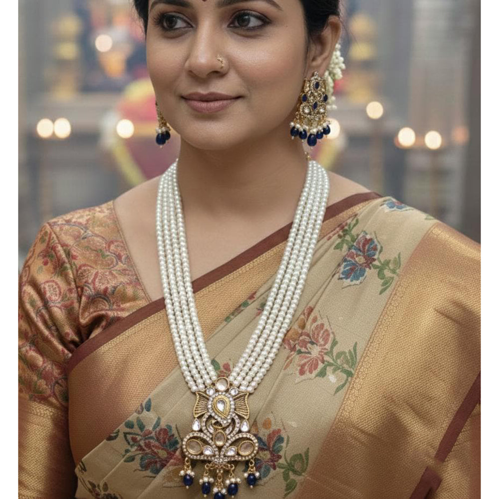 FS Collection Designer Kundan Stone And Pearl Long Necklace Set 