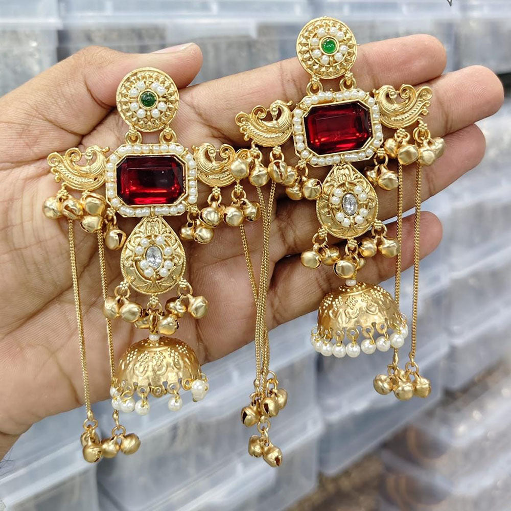 FS Collection Designer Kashmiri Pota Stone And Ghungharoo Long Dangler Earrings