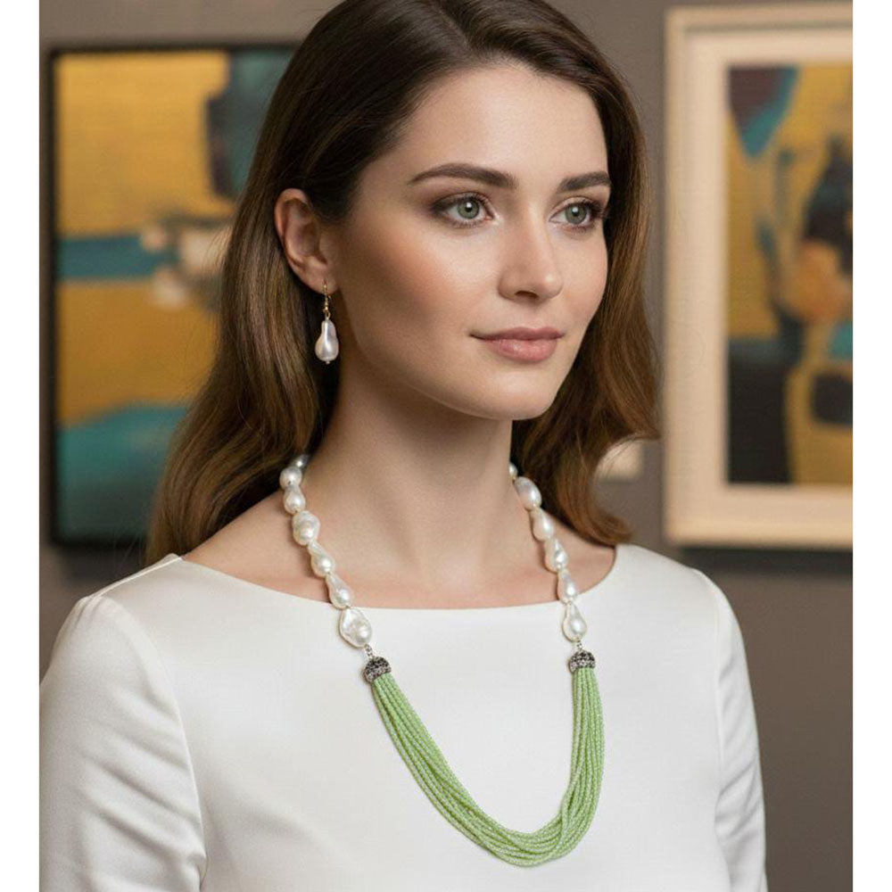 FS Collection Classic Austrian Stone And Pearl Ethnic Long Necklace Set