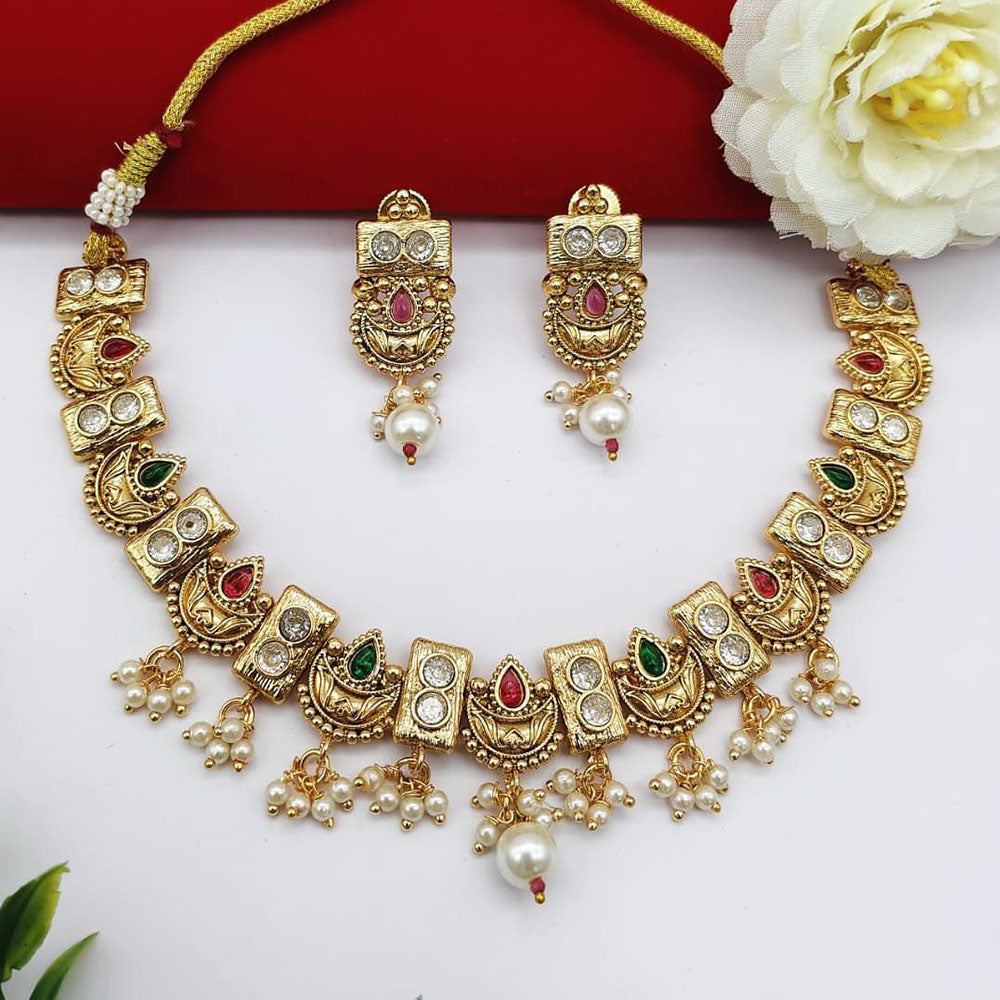 FS Collection Sparkling Pota Stone And Pearl Elegance Necklace Set