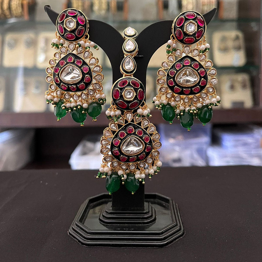 FS Collection Pota Stone And Beads Designer Dangler Earrings With Maangtikka