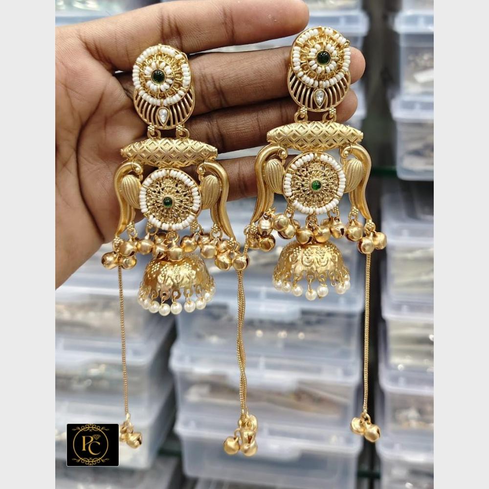 FS Collection Antique Style Pota Stone And Pearl Ghungroo Kashmiri Jhumki Earrings