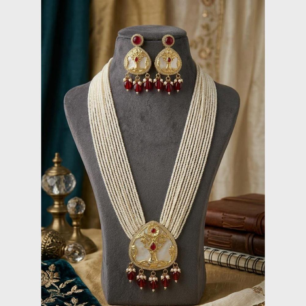 FS Collection Sparkling Pota Stone And Multi Layer Pearl Long Necklace Set