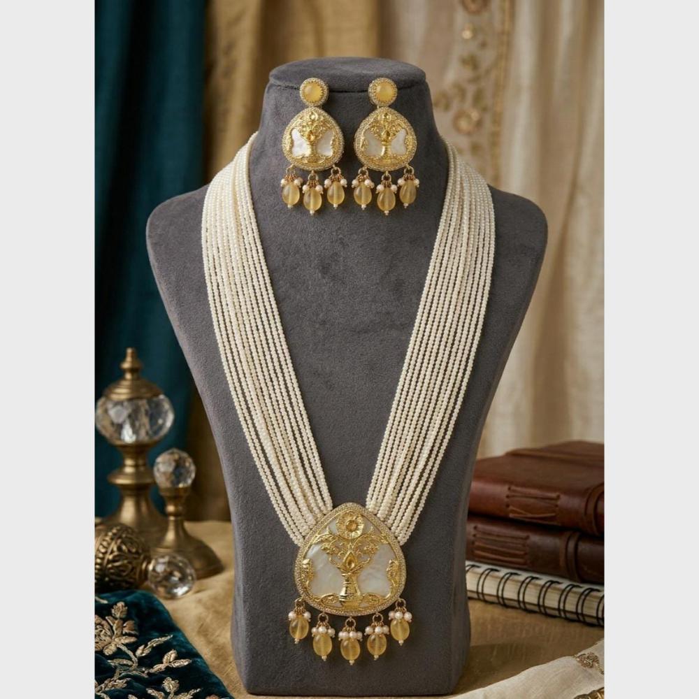 FS Collection Sparkling Pota Stone And Multi Layer Pearl Long Necklace Set