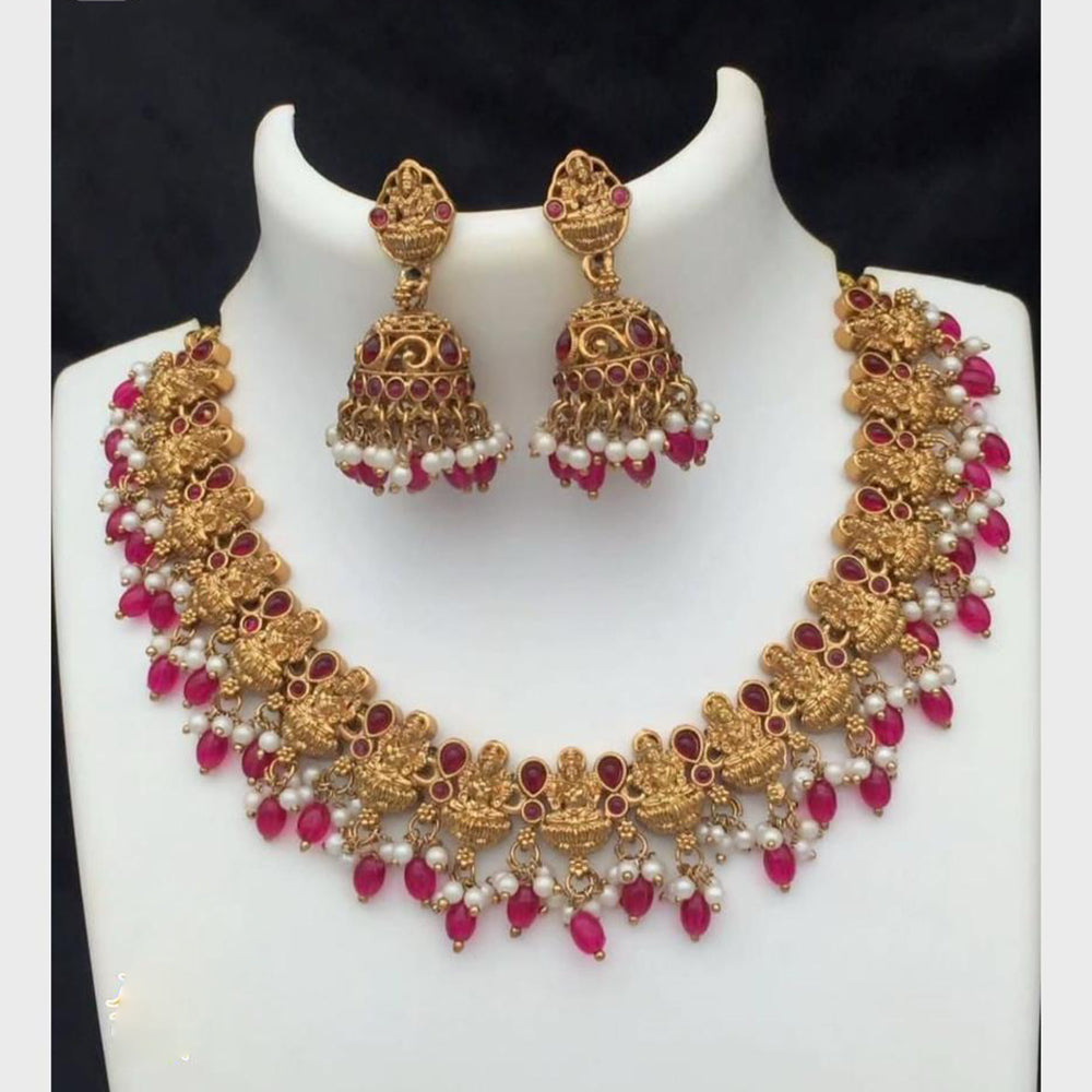 FS Collection Sparkling Pota Stone And Pearl Elegance Temple Necklace Set