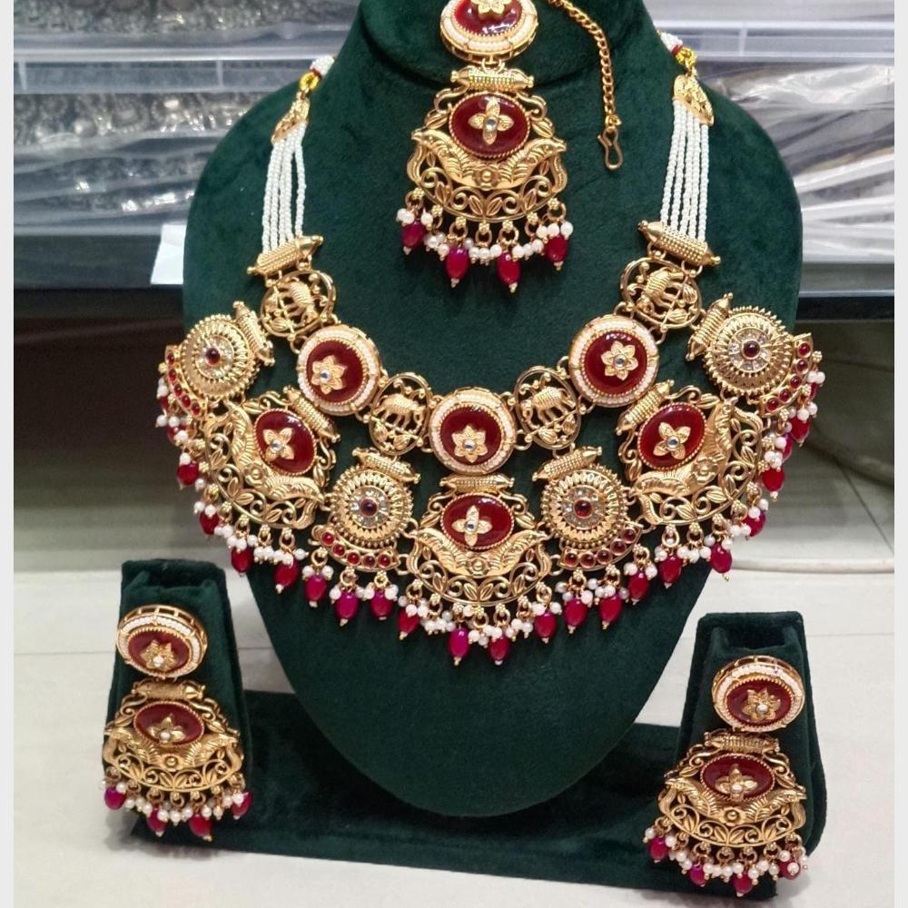 FS Collection Sparkling Pota Stone And Pearl Elegance Necklace Set