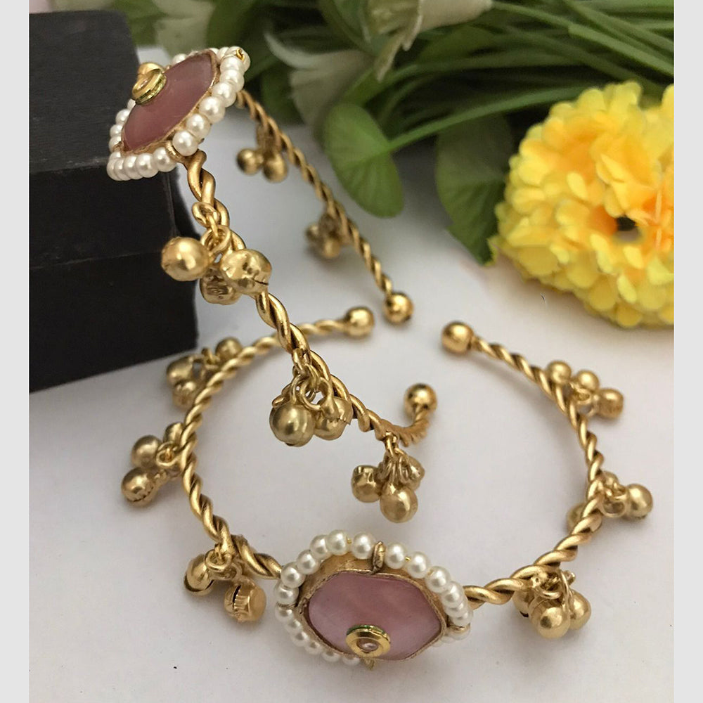 FS Collection Designer Royal Elegance Pota Stone Pearl Ghungroo Adjustable Bangles Set