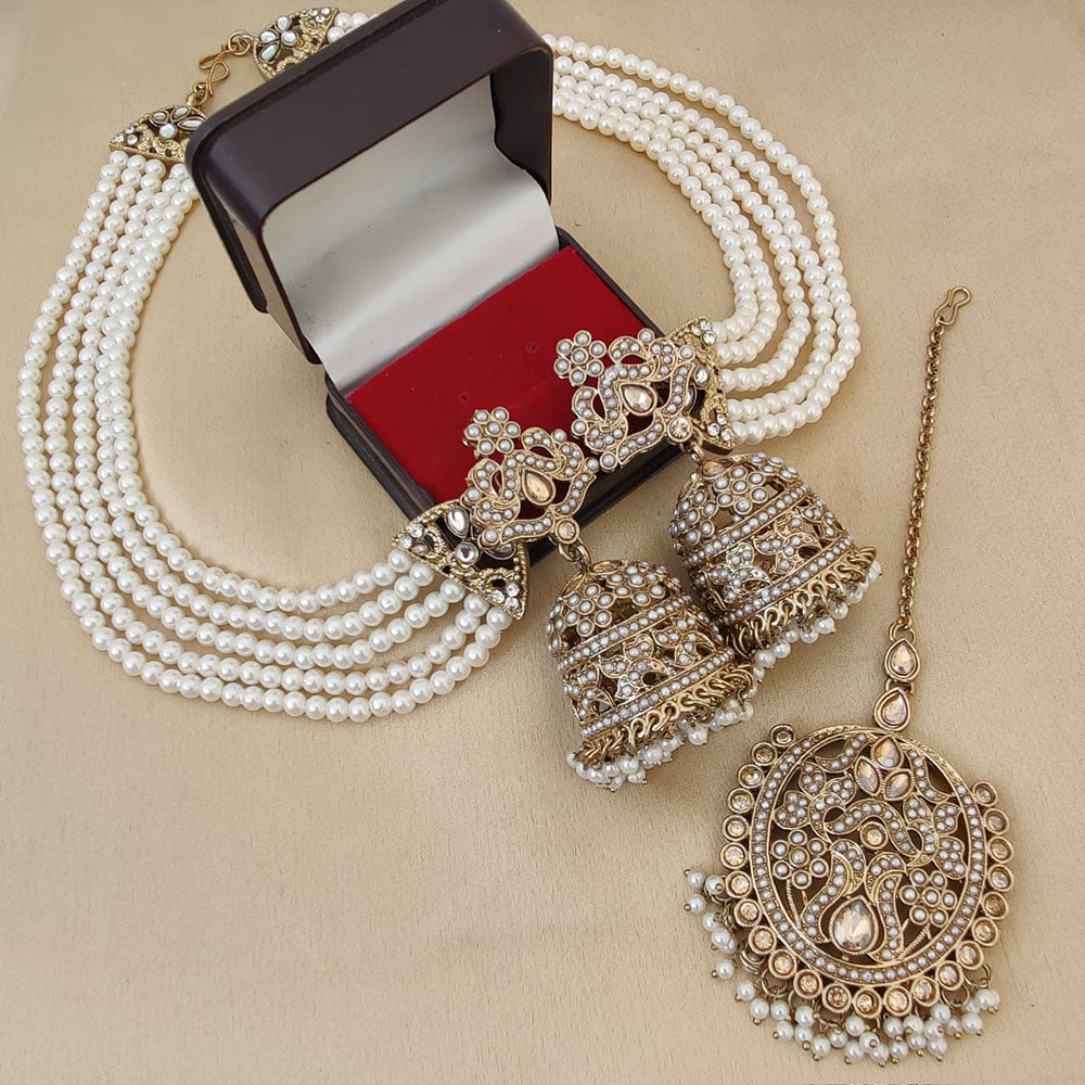 FS Collection Crystal Stone & Beads Jhumki Earrings with Maang Tikka Set