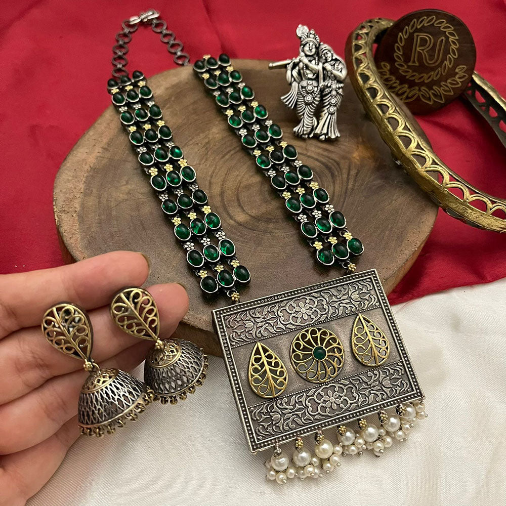 FS Collection Royal 2 Tone Plated Pota Stone Pearl And Long Necklace Set