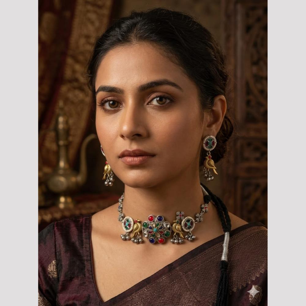 FS Collection Classic 2 Tone Plated Pota Stone Choker Necklace Set
