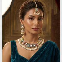 FS Collection Gold Plated Pota & Kundan Stone Choker Necklace Set