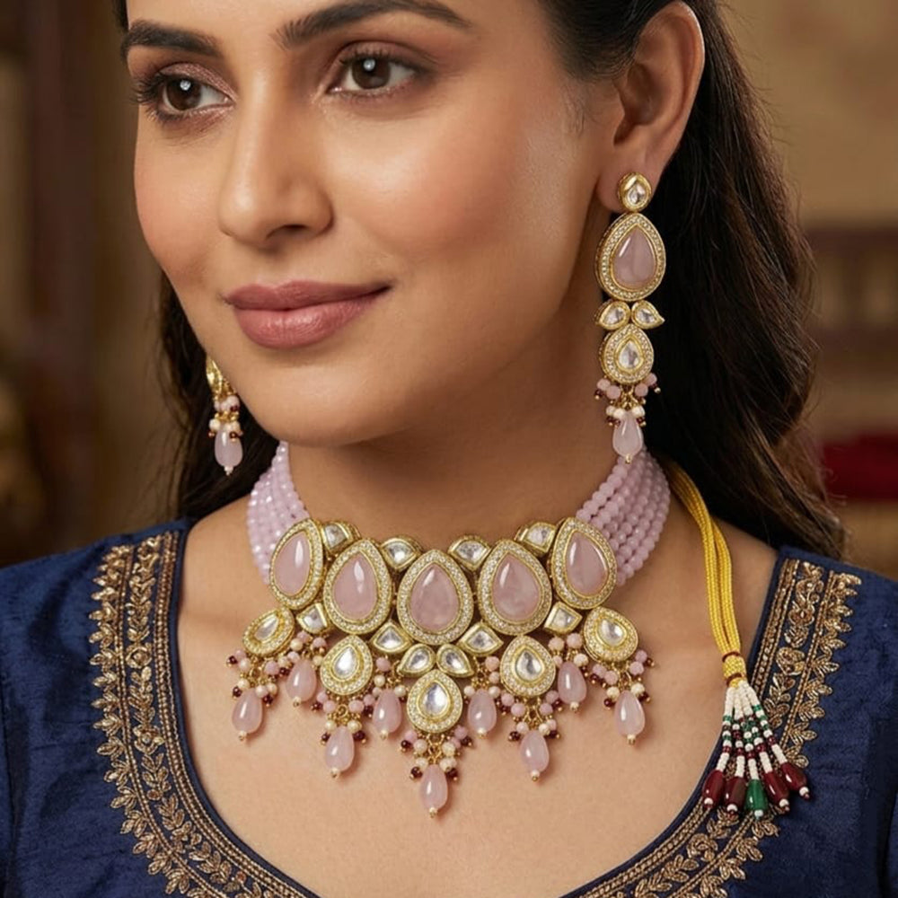 FS Collection Premium Kundan Stone Pearl And Beads Choker Necklace Set for Women