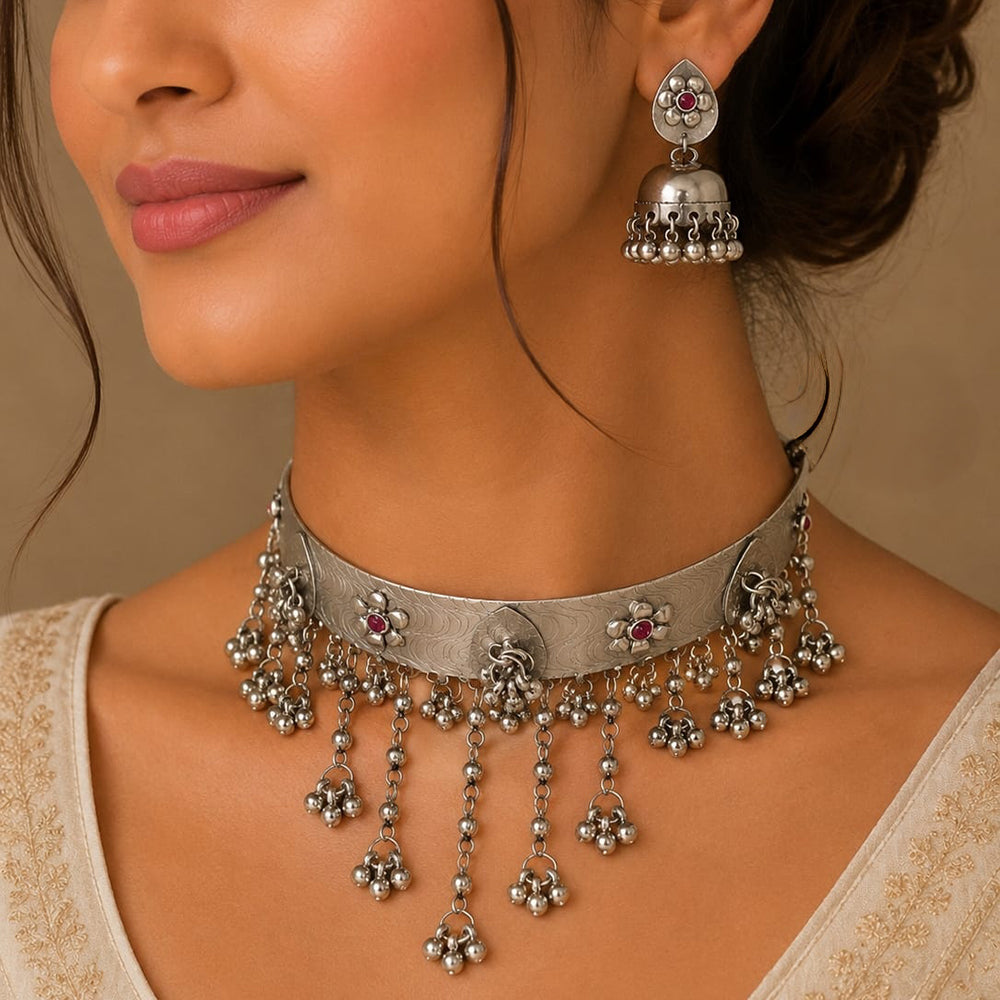 FS Collection Royal Oxidised Plated Pota Stone Necklace Set