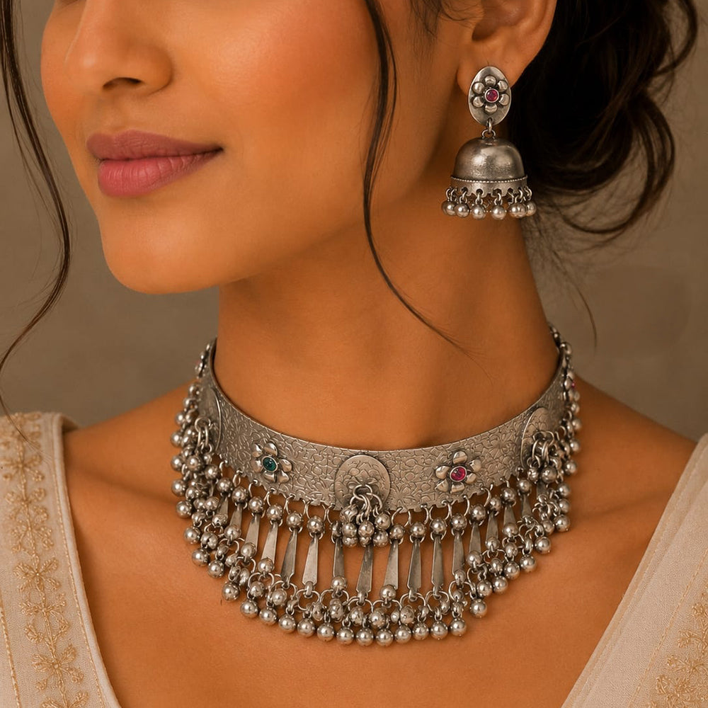FS Collection Royal Oxidised Plated Pota Stone Necklace Set