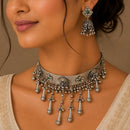 FS Collection Royal Oxidised Plated Pota Stone Necklace Set