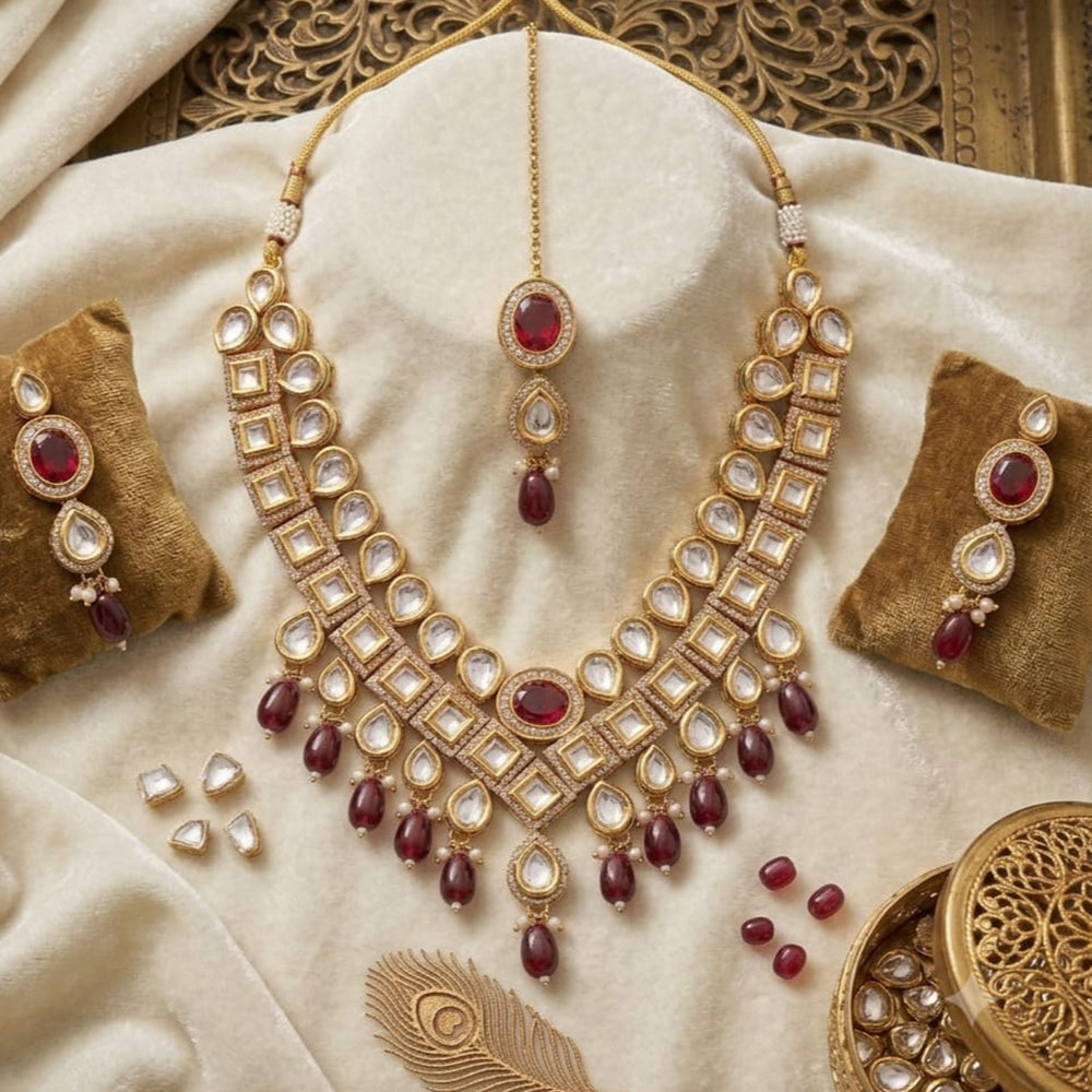 FS Collection Premium Kundan Stone & Beads Necklace Set for Women