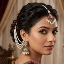 FS Collection Kundan Stone And Pearl Designer Jhumki Earrings With kanChain & Maang Tikka (Copy)