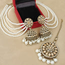 FS Collection Crystal Stone And Pearl Designer Jhumki Earrings With kan Chain & Maang Tikka
