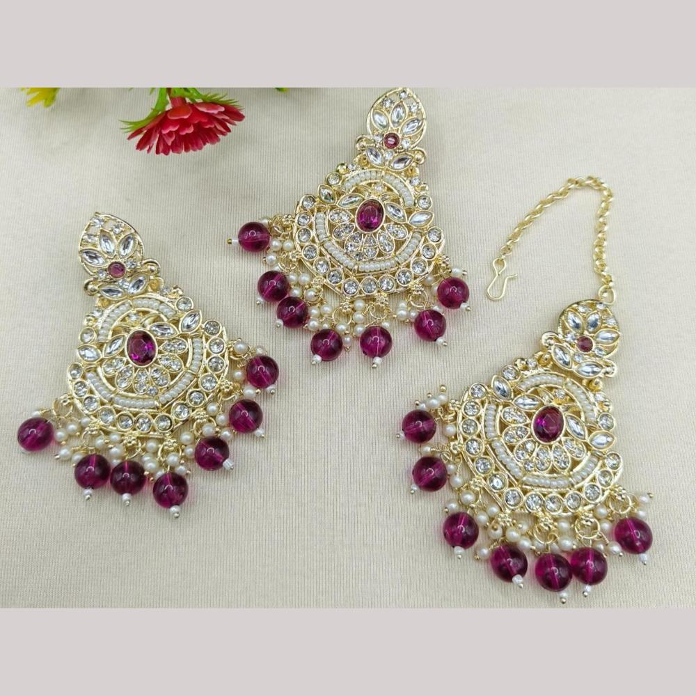 FS Collection Kundan Stone And Beads Dangler Earrings With Maangtikka