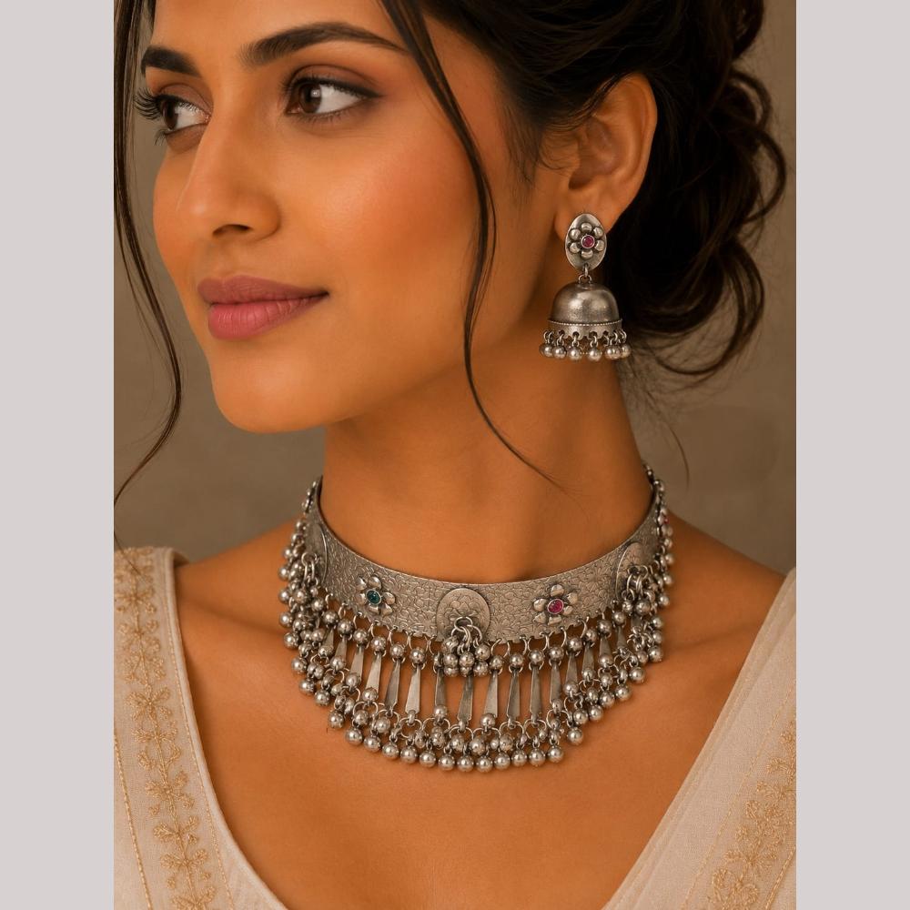 FS Collection Oxidised Plated Pota Stone And Pearl Choker Necklace Set